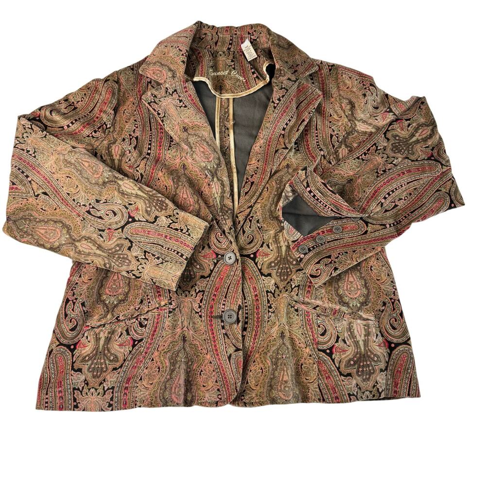 Vintage 90s Paisley Velveteen Blazer Jacket 18w Brown Pink Red Turquoise